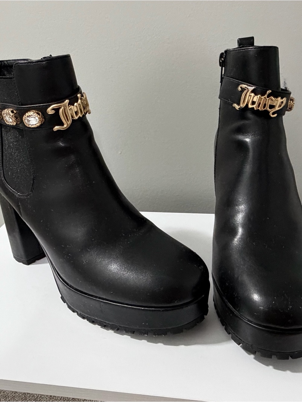 Juicy Couture Black Platform Ankle Boots with Gold Logo Accent